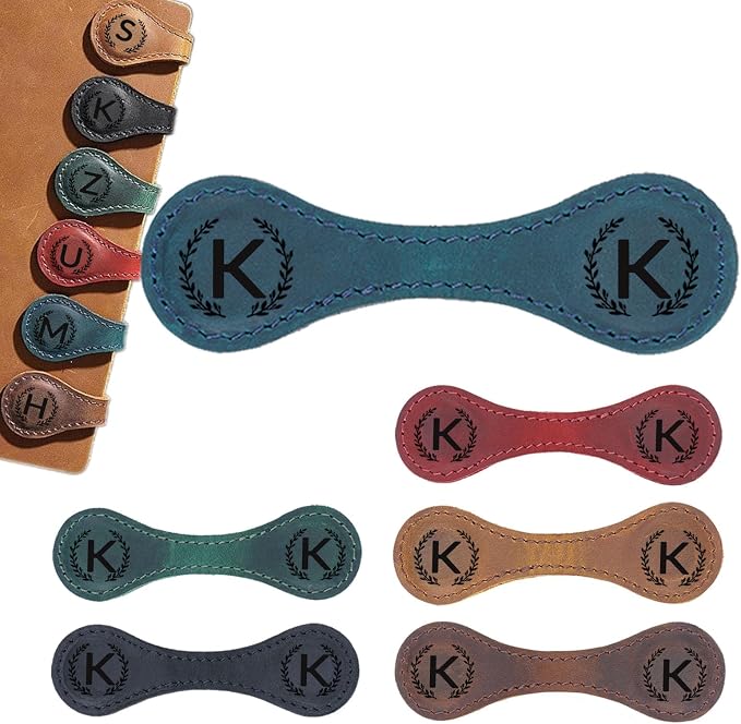 Magnetic Leather Bookmark with 26 Initial for Reading Women,Personalized Magnet Book Marks Gifts for Men,Book Lovers (Blue, K)
