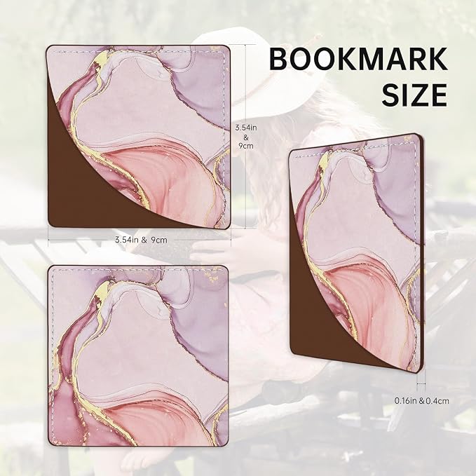 2 Pack Leather Pink Marble Book Corner Bookmark, Durable Handmade Reading Accessories - Gifts for Readers, Women, Men, Teachers, Students