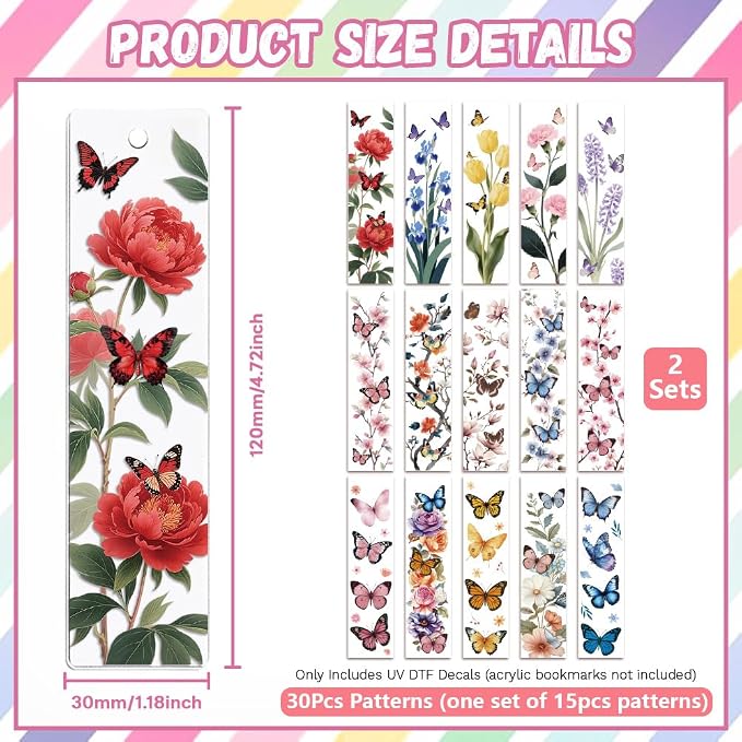 Peacoblue 30pcs UV DTF Bookmarks Transfer Stickers Wraps Butterfly and Flowers for Women Men Reading, Waterproof Bookmarkers Decal(No Blank Bookmarks) for Acrylic Plastic Metal Blank Bookmark