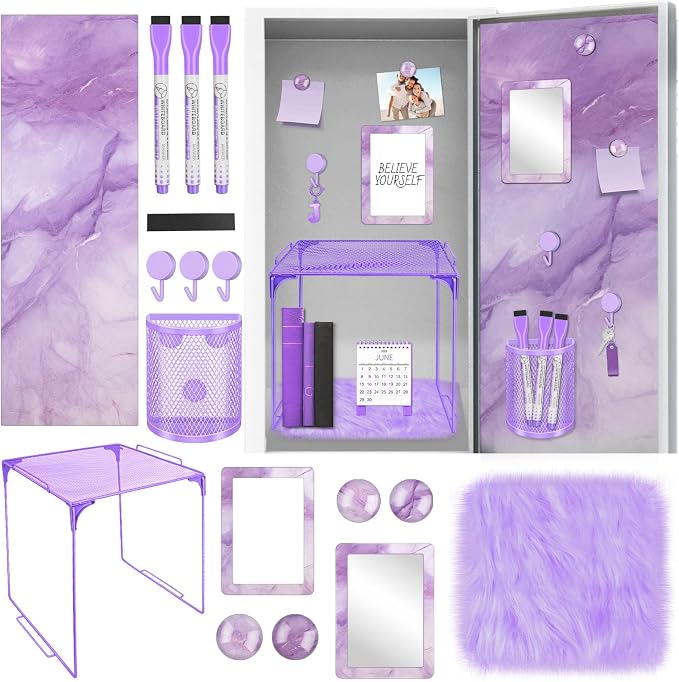 Denylo pro Purple Magnetic Locker Marble Theme Accessories Kit Include Back to School Essentials for Back to School Decorations Office Supplies