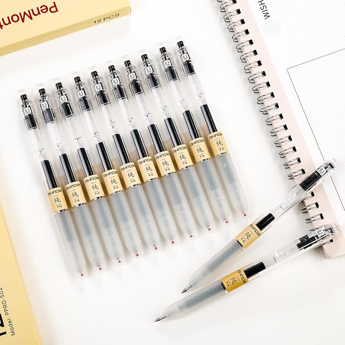 Retractable Gel Rollerball Pens, Japanese Style, Smooth Writing, Comfortable Grip, 0.5mm Fine Point, Black Gel Ink, For Journaling, Writing Pens, 12-Count Pack
