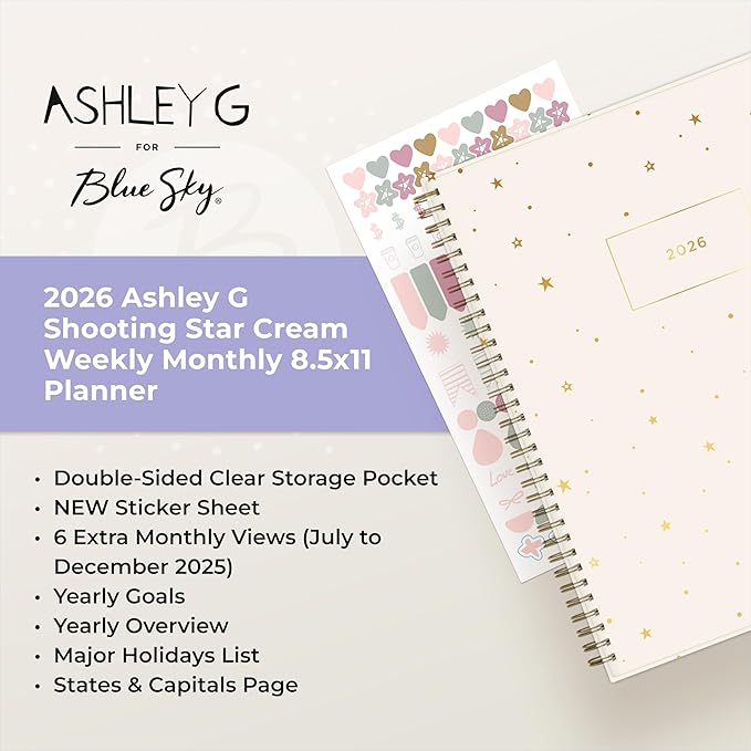 Blue Sky Ashley G 2026 Weekly and Monthly Planner Calendar, January 2026 - December 2026, 8.5" x 11", Flexible Cover, Durable Twin Wire Binding, Laminated Tabs, Pocket & Stickers, Shooting Stars Cream