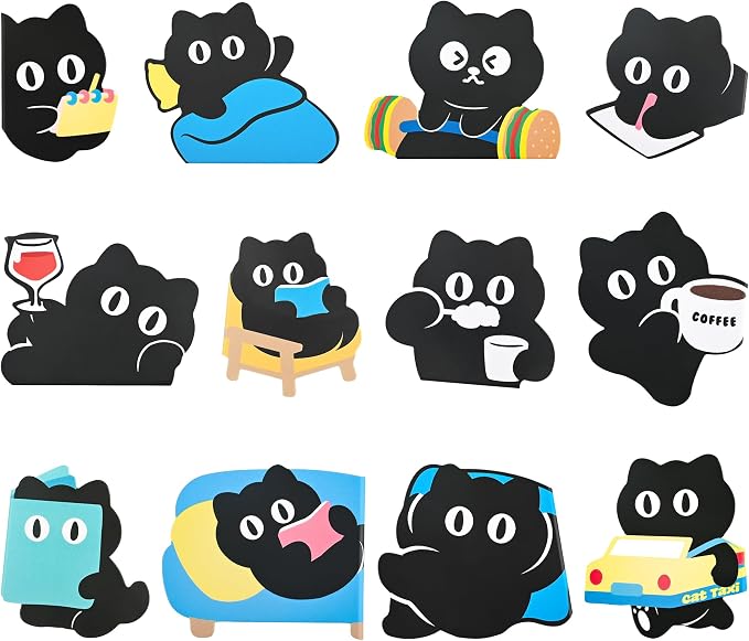 Cat Magnetic Bookmark, Kawaii Fridge Magnets,12PCS Cute Bookmarks, Funny Black Cat Book Marks, Refrigerator Decoative Magnet, Photo Magnets, Book Maker for Women, Mom, Book Lovers, Cat Lover, Bestie