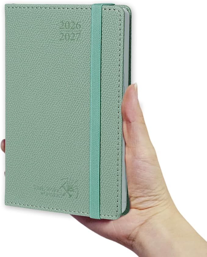POPRUN 2026-2027 Pocket Weekly Planner Calendar, Size 4'' x 6.25'', Academic Planner (Jul 2026 - Jun 2027) Horizontal Layout with Lined Sections, Leather Hardcover, 100GSM Paper - Army Green
