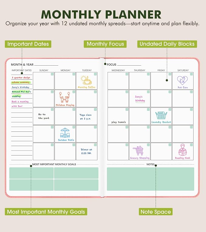 Undated Weekly and Monthly Planner, Hardcover Leather Calendar Blank Planner, Simplified To Do List Notebook with Goal & Habit Tracker Organizer, A5 Daily Weekly Planner for Work School Home, Pink