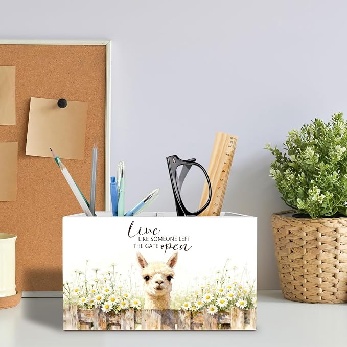 Rustic Daisy Floral Alpaca Pen Holder for Desk, Alpaca Llama Gifts Pencil Organizer, Live Like Someone Left the Gate Open Wooden Box Sign Desk Decor for Home Office Decoration