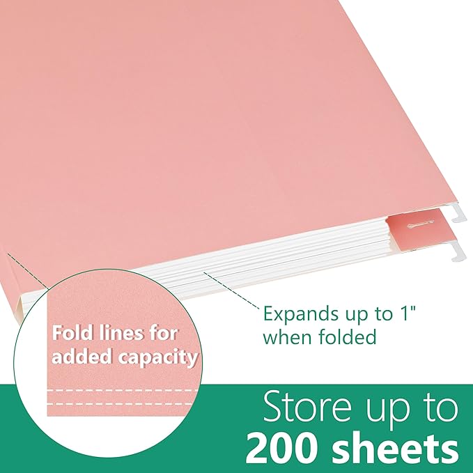 pmybupo Peachy-Pink Hanging File Folders,Letter Size,1/5-Cut Adjustable Tabs,6 Per Box,-1/5 Tabs