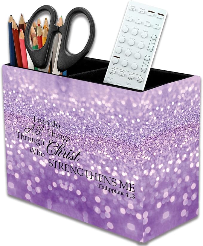 Pen Holder, Pencil Case, Makeup Brush Storage Box, Tableware Storage Box, Suitable for Office Or Home Item Organizing Stand - Purple Glitter Quote Philippians 4-13