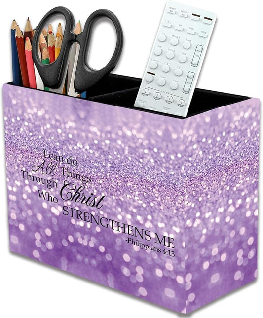 Pen Holder, Pencil Case, Makeup Brush Storage Box, Tableware Storage Box, Suitable for Office Or Home Item Organizing Stand - Purple Glitter Quote Philippians 4-13