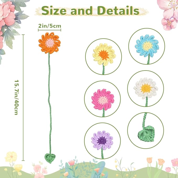 6 Pack Crochet Bookmarks for Women,Daisy Flower Handmade Personalized Cute Bookmarks,Gifts for Book Lovers and Teachers,Bag Charms,Keychain