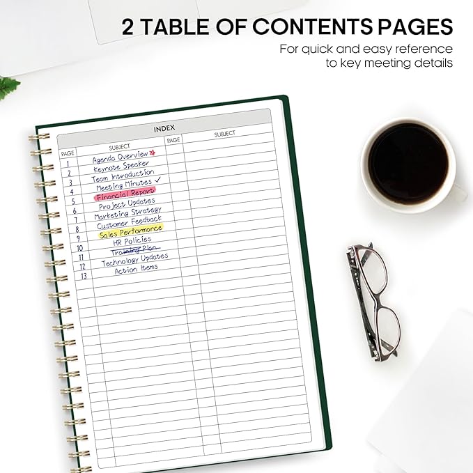 Taja Meeting Notebook for Work Organization - Work Planner Notebook with Action Items, Agenda Planner for Note Taking, 160 Pages (6.9" X 9.9") Project Organizer for Men & Women - Dark Green