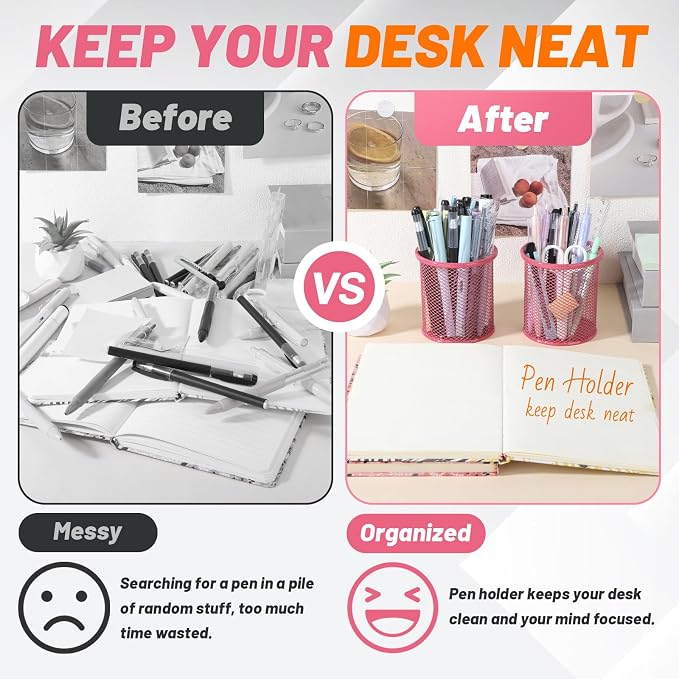 Segarty Pen Cup, 6 Pack Cute Dark Pink Pen Holder, Round Mesh Pencil Holder for Desk, Desktop Accessories Organizer for Office Supply, School, Home Storage, Makeup Brush Organization