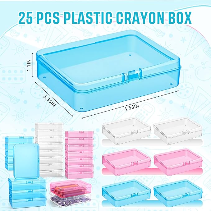 Dunzoom 25 Pcs Plastic Crayon Boxes with Lids, 4.53 x 3.35 x 1.1 Inches Stackable Small Storage Organizer Containers Crayon Pencil Case for Art Crafts Jewelry Beads Office Supplies(Multicolor)
