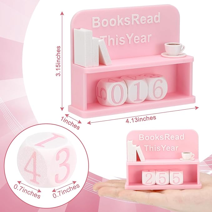 BreezeHug Pink and White Books Read This Year Counter Manual Flip Book Number Tracker with Decorative Fake Book & Dice for Reading Goal, Library Decor Gift for Readers Teacher Writers Lover (Style C)