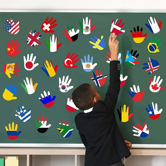 Fullhawl 36 Pcs Around The World Bulletin Board Set Flags of The World Multicultural Hands Cut Out Decorations International Country Flags History Classroom Decor Diversity Back to School Wall Door
