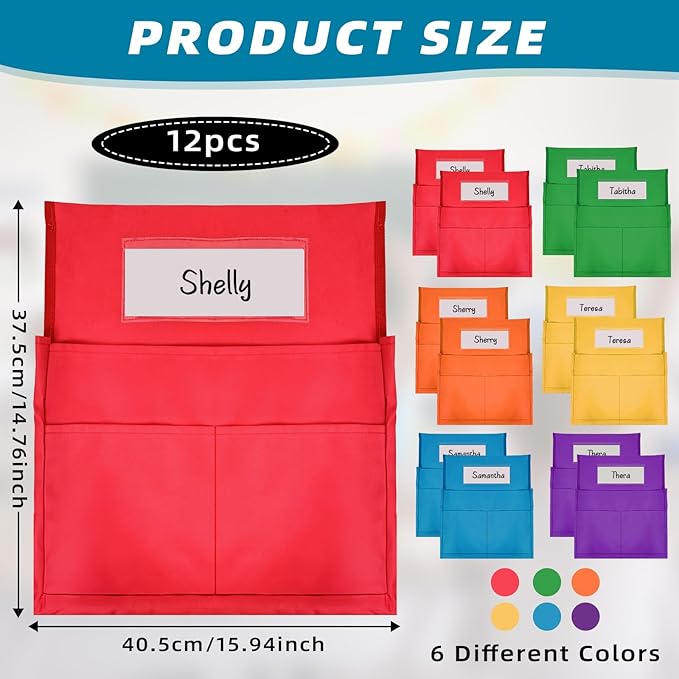 12 Pcs Classroom Chair Pockets, 15.9 x14.8 inch Chair Pockets for Classroom, 6 Bright Color Seat Sacks for Classroom Chairs, Buddy Pocket, Chart Seat Back Organizer with Name Tag