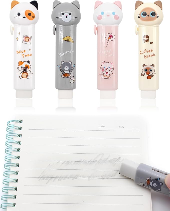 Benvo 4 Pcs Sliding Retractable Pencil Erasers with Cute Cat Plastic Sleeve Kawaii Erasers for School Home Office Clean Erase Rubber(4 Colors)