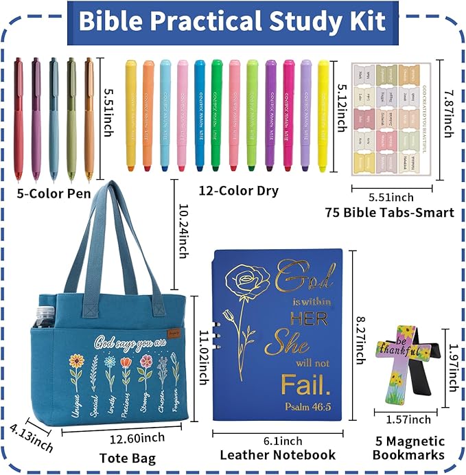 25 PCS Bible Study Supplies Kit, Large Capacity Canvas Tote Bag for Women Organizer, Bible Highlighters and Quick Dry Pens No Bleed Through, Notebook Bible Tabs Cross Bookmark Journaling Accessories