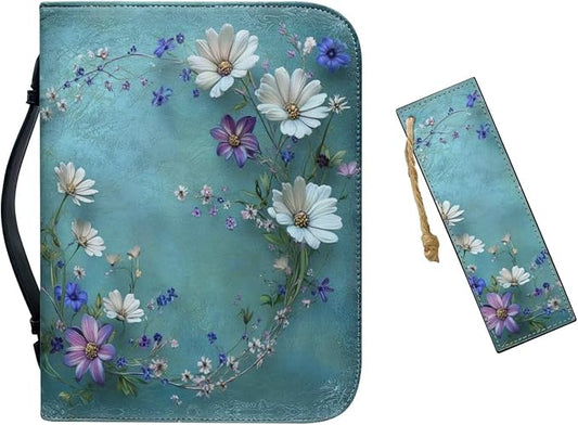 Bible Covers for Women Leather Case with Bookmark Green Carrying Book Church Bag Bible Protective, Daisy Chain, Large