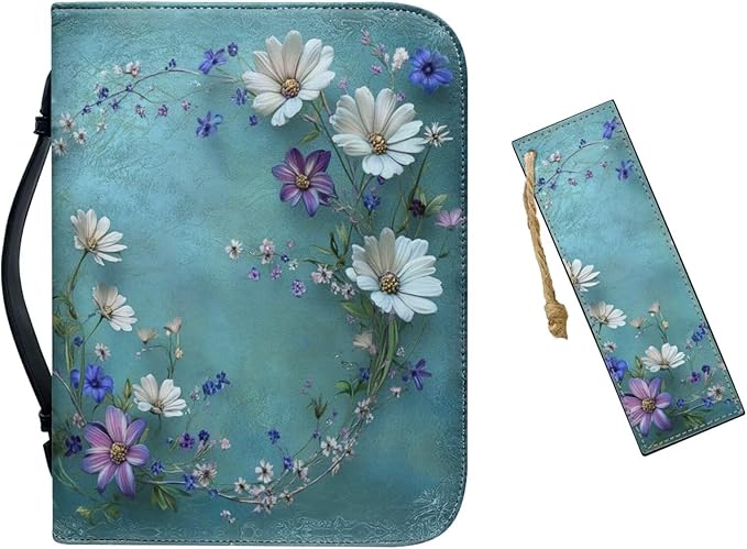 Bible Covers for Women Leather Case with Bookmark Green Carrying Book Church Bag Bible Protective, Daisy Chain, Large