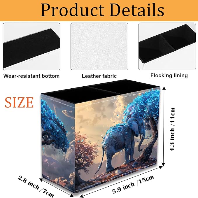 Pen Holder for Desk, PU Leather Multifunctional Desktop Storage Box and Anti-Slip Mouse Pad Set, Makeup Brush Holder Pen Organizer for Office and Home - Leaves and Elephants