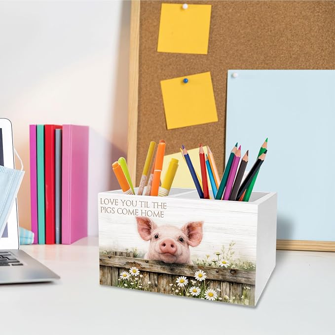 Farmhouse Daisy Floral Pig Pen Holder for Desk, Pig Lover Gifts Pencil Organizer, Love You Til the Pigs Come Home Wooden Box Sign Desk Decor for Kids Girls Room Nursery Decoration