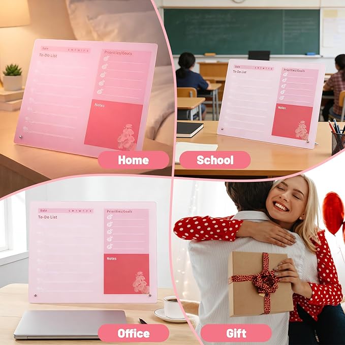 LeMotech Desktop Acrylic Dry Erase Board, 15.7x11.8 inches to-Do List Planner, Tabletop Whiteboard with Stand Office Supplies Includes 2 Markers & 1 Eraser, Pink Rose Pattern, 1 Pack