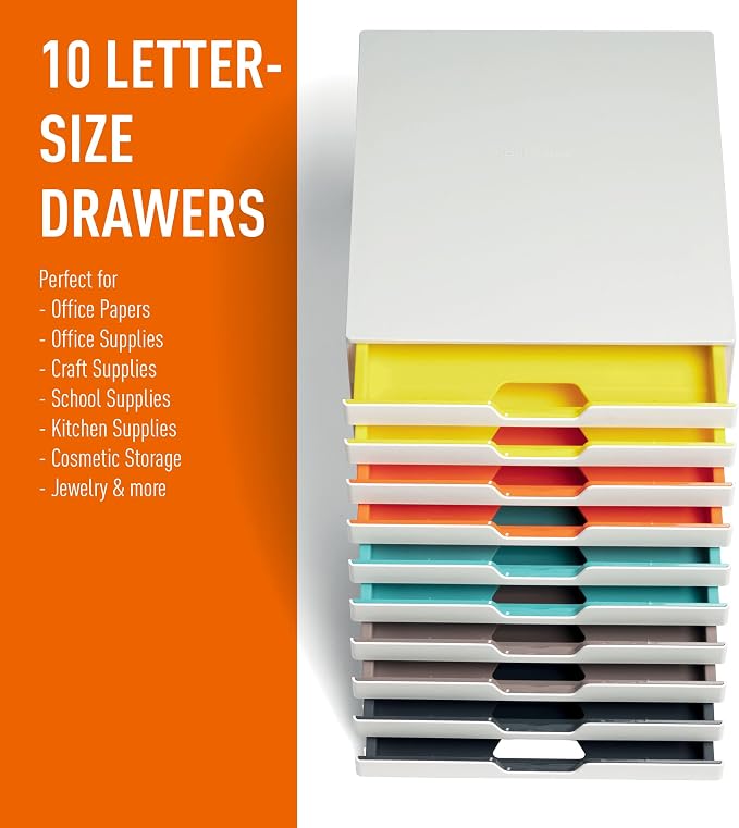 Durable VARICOLOR 10 Drawer Unit - White Desktop Drawer Set with 10 Color Coded Draws - Letter Size Files - Perfect for Storing Documents and Paper Work