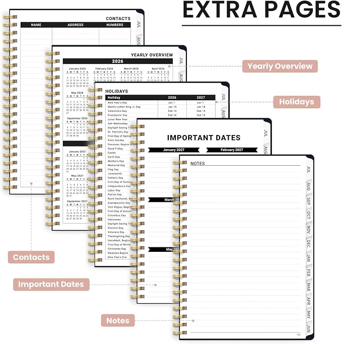 Planner 2026–2027, Academic Planner Weekly and Monthly Calendar Jul 2026 – Jun 2027 Hardcover Planner with Tabs and Pocket, Spiral Bound Agenda Book for Student & Teacher, 8.5" x 11", Evening Petals