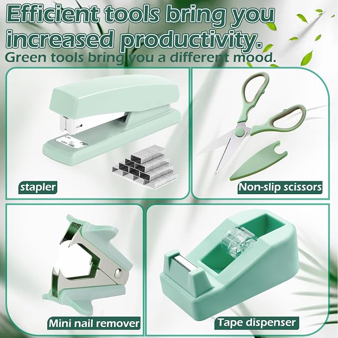 Sage Green Desk Accessories Office Supplies Set, Pen Holder, Stapler, Tape Dispenser, Notebook, Scissor, Sticky Notes, Binder Clips, Desk Organizers (Green)