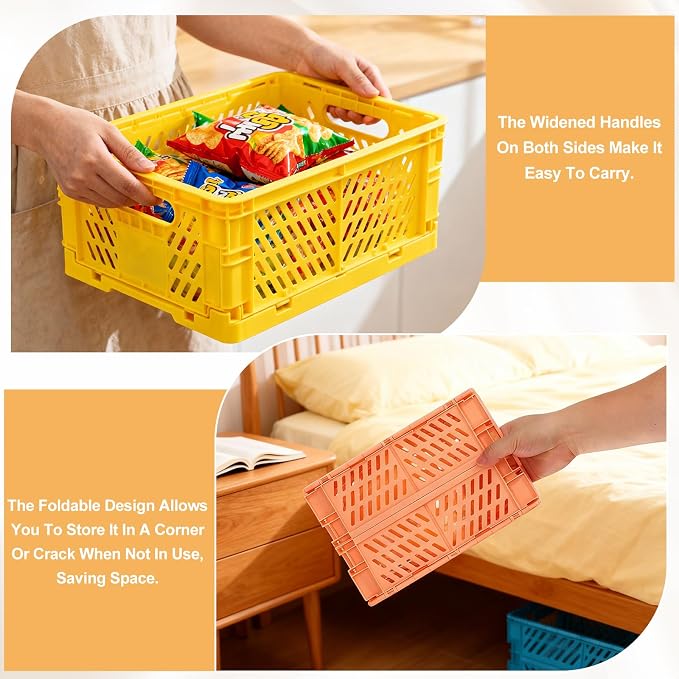 uxcell 2Pcs Small Plastic Storage Baskets, 6 x 3.9 x 2.4 Stackable Foldable Storage Bins with Handles Collapsible Crates for Home Office Shelves Closet Books Organizing, Pink