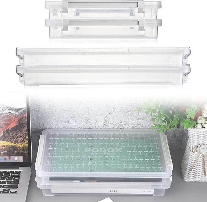 BTSKY 2 Pack A4 Plus Clear Plastic Stackable Storage Box Desk Paper Magazine Container with Buckle, Office Supplies Accessories File Protector Case Organizer, Portable Project Case Document Holders