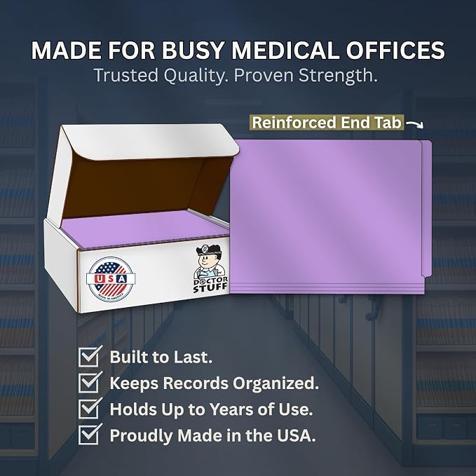 Lavender File Folders, Doctor Stuff, Letter Size Reinforced End Tab Folder, 14 pt Stock, Box of 50