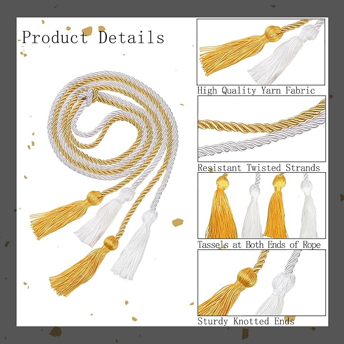 Graduation Double Honor Cords with Tassels Braided Academic Ropes for High School College Ceremony 68 Inch (Gold+White)