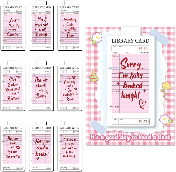 10 Pieces Pink Library Card Magnetic Bookmarks Magnetic Book Marks for Reading Magnet Bookmark Clips for Women Book Lovers Girls Students Reading Accessories Bookish Gift Birthday Gifts
