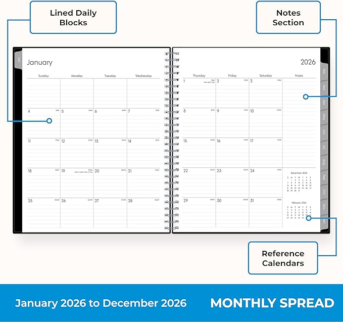 Blue Sky 2026 Monthly Planner Calendar, January 2026 - December 2026, 8" x 10", Monthly Layout, Flexible Cover, Silver Wirebound, Laminated Tabs, Enterprise