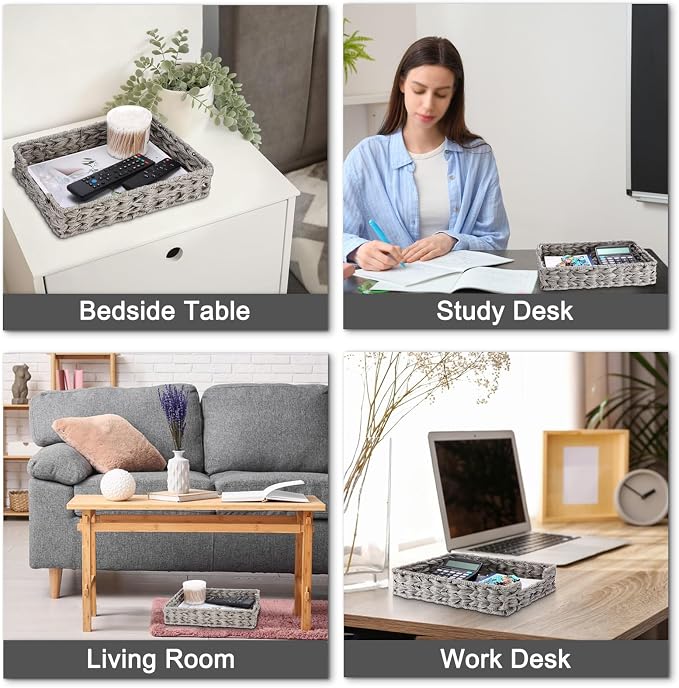 BTSKY Plastic A4 Paper Tray Organizer for Desktop Accessories, Hand-Woven File Holder with Sturdy Frame, All-in-One Storage for Letters, Magazines and Notebooks, Office and Home Supplies, Grey