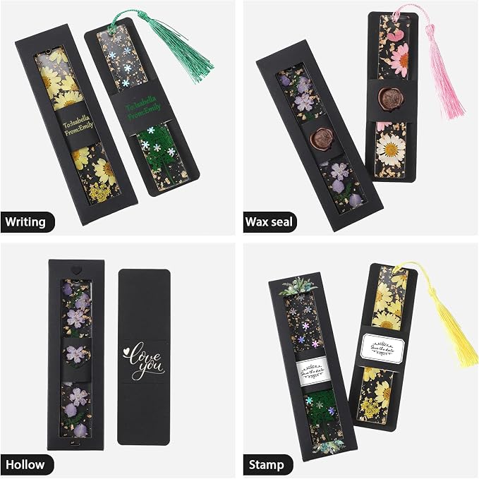 Roowest 50 Set Kraft Bookmark Boxes Sleeves Resin Bookmark Holder 5.9 x 1.8'' Cardboard Gift Boxes DIY Blank Display Cards for Wrapping Gift Supplies(Black)