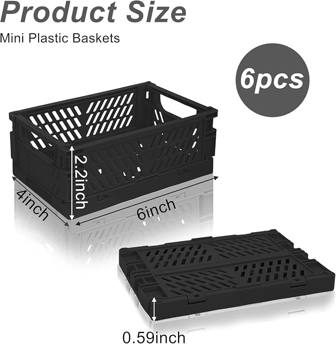 6 Pack Mini Foldable Small Plastic Baskets for Organizing and Storage，Collapsible Storage Crates,Mini Bins for Home Kitchen Bedroom Bathroom Office (Black, Small 6x4x2.2)