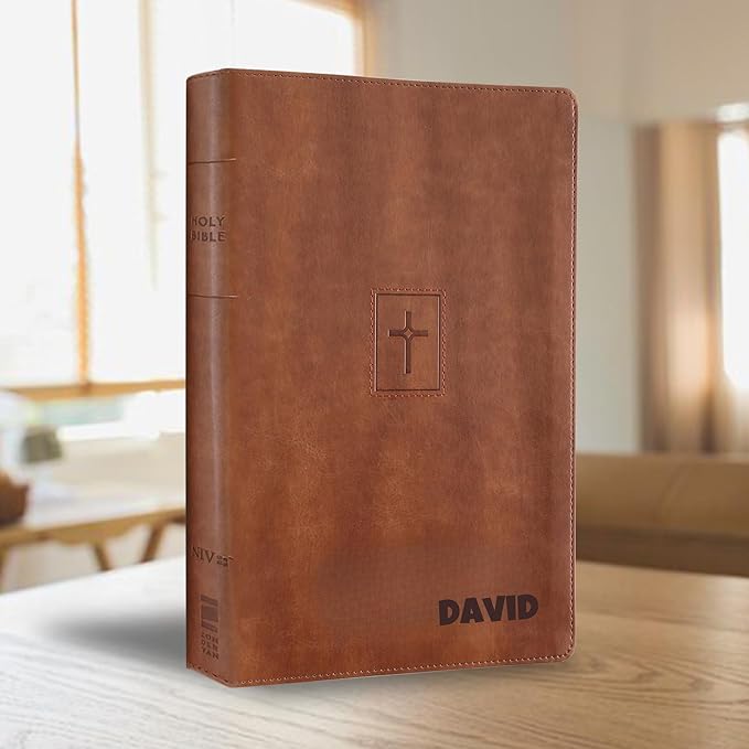Personalized NIV Thinline Holy Bible Faux Leather Large Print Size | Custom with Name on Lower Right Corner | Gift for Christian & Religious Celebrations | Brown