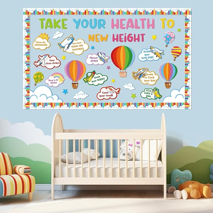 gisgfim Hot Air Balloon Healthy Bulletin Board Set Classroom Decoration Healthy Habits Paper Cutouts Colorful Bulletin Board Borders for Classroom Back to School Chalkboard Wall Decoration Supplies
