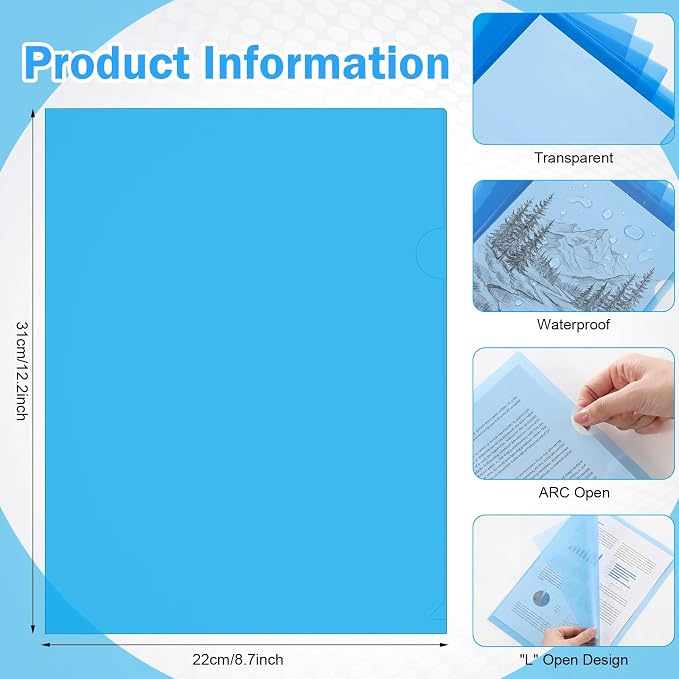 Fainne 100 Pcs Plastic Document Folders Clear File Folders Plastic Pockets Sleeves Letter Size 8.7 x 12.2 Inches A4 Assorted Colors for Office Supplies (Blue)
