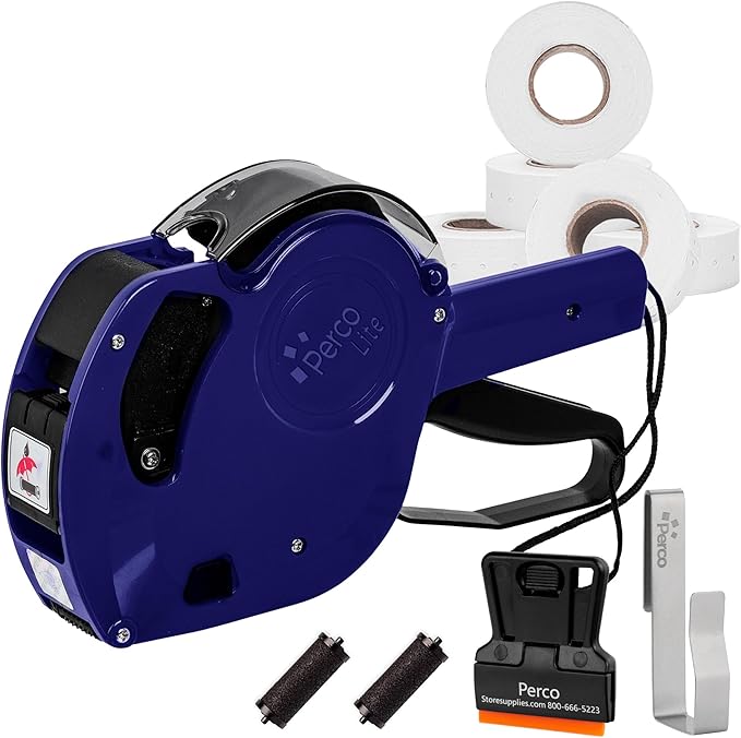Perco Lite 1 Line Dater Gun with Labels Kit - Includes 5,000 Blank White Labels, 1 Gun Clip, 2 Ink Rollers, 1 Ink roll and Labels Pre-Loaded