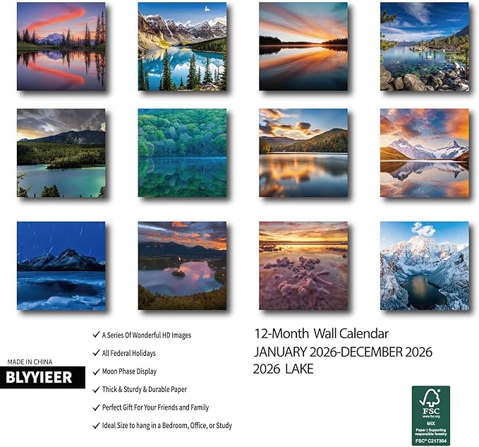 2026 Wall Calendar Lake, 12 Months Hangable Wall Calendars, 12" x 24" (Open), Thick Glossy Paper, Organizing & Planning