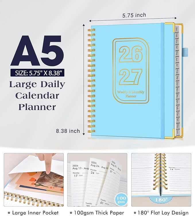 Planner 2026-2027, 18 Months Weekly and Monthly Hardcover Planner, January 2026 - June 2027, 5.75" x 8.38" A5 Daily Calendar Planner Book with Tabs, Spiral Yearly Agenda Organizer Notebook for School Work Home, Sky Blue