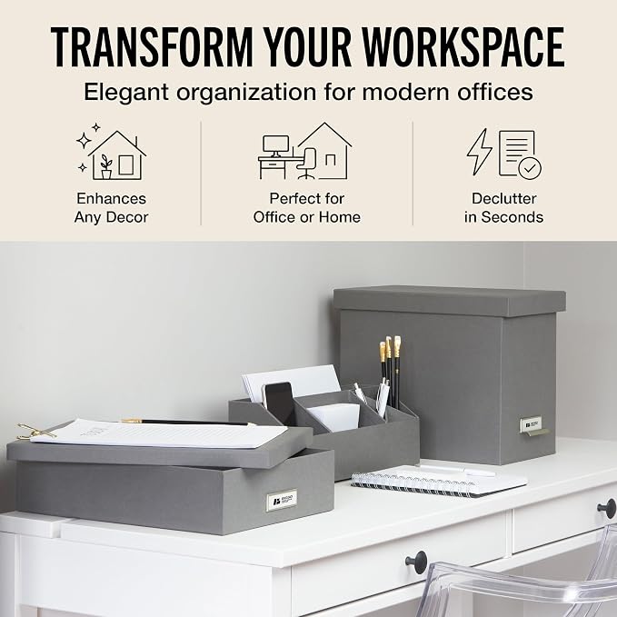 Bigso Box of Sweden Oskar Fiberboard Label Frame Document Letter Box | File Organizer for Important Paperwork with a Lid & Label Window | 3.3"x10.2"x13.8" | 3 Pack | Grey