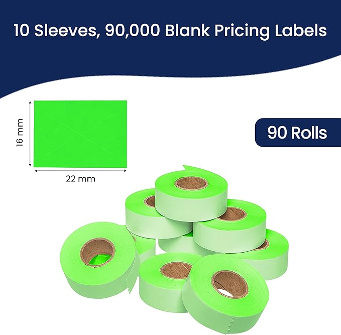 Perco Fluorescent Green Garvey 2216 Pricing Labels for Garvey 22-66/22-77/22-88 Two Line Pricing Gun - 90 Rolls, 10 Sleeves - 90,000 Pricemarking Labels and 10 Inker Included
