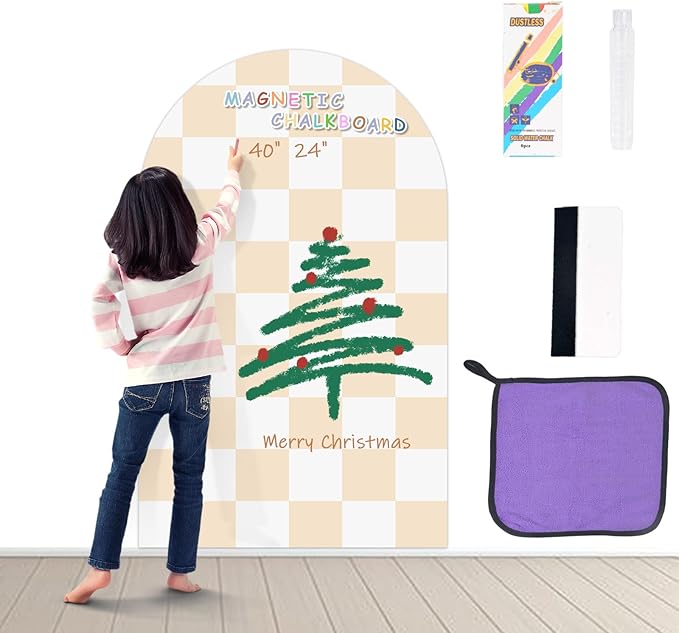 Magnetic Chalkboard Wall Decal 24''x40'' Arch - Removable Reusable Peel and Stick (No Wall Damage) Extra Strong Magnetism - Easy Clean Chalkboard for Home Office Playroom (Beige White Checker)