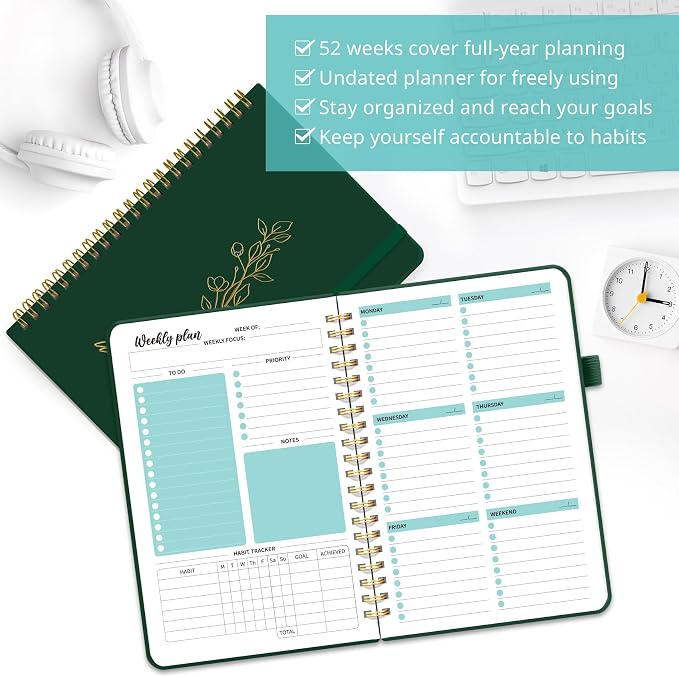 Taja Undated Weekly Planner, Weekly To Do List Notebook with Goal & Habit Tracker Organizer, A5 Weekly Planner Notebook with Spiral Binding, 6.1" x 8.2" - Dark Green