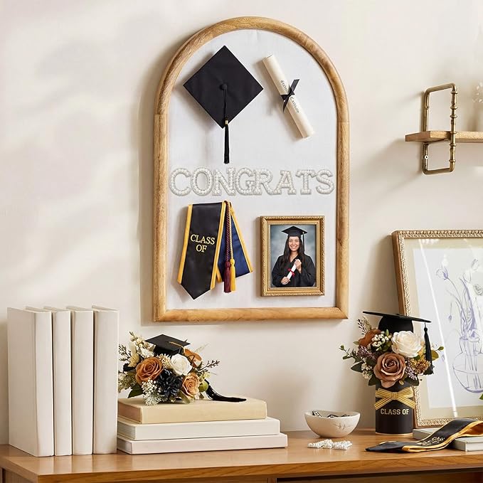 Arch Bulletin Board with Pin Linen Wedding Display Framed Decorative 24x16 Hanging Wood Vision Cork Board for Office Wall School Home Decor, 70 Pearl Studs, 26 Letter Stickers(Natural)